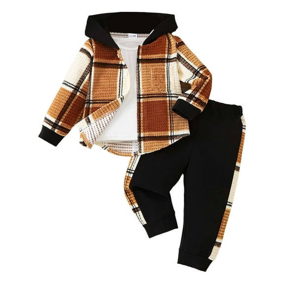 Quealent Toddler Boy Clothes Plaid Button Down Long Sleeve Hooded Shirt Tops Pants with Pockets 2Pcs Fall Winter Outfits Black for Size 4-5 Years