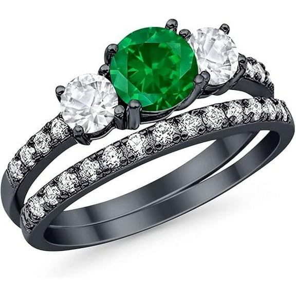 Divine Creation 925 Sterling Silver 2.00 Ct Round Cut Green Emerald Engagement Wedding Christmas Thanksgiving Bridal Ring Set 14K Black Gold Plated For Women's -4.5