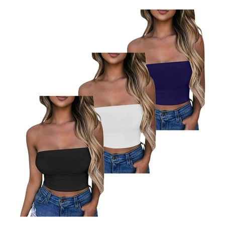 Lovskoo Womens 3 Pack Tube Tops Crop Tops Going Out Strapless Basic Backless Bandeau Bra Summer Outfits 2024 Y2K Clothes Black + White + Purple
