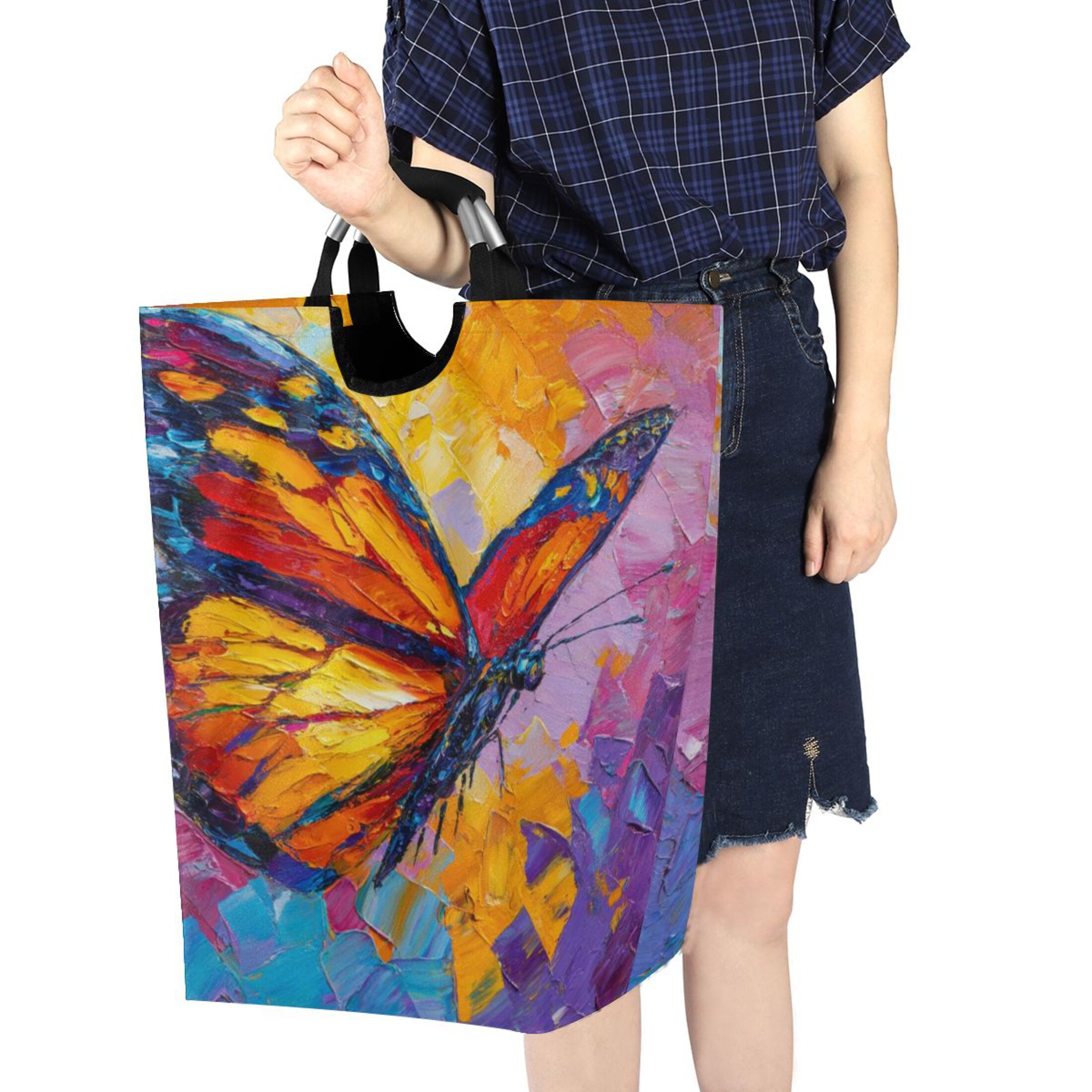 Foldable Laundry Hamper Bag with Handles Dirty Clothes Basket 12.6" x 11" x 22.7" Colorful Butterfly Flying