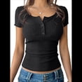 thumbnail image 3 of Camisetas de Verano de Corta con Cuello en U para Mujer, Blusa Informal de Punto Henley con Botones Acanalados. Negro S, 3 of 10