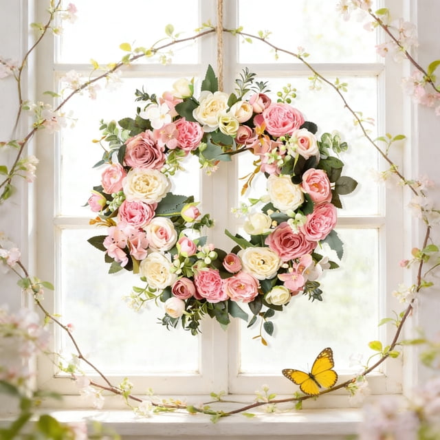 Spring Decor,17.72In Front Door Wreath Artificial Green Leaves Flowers Effortless Upkeep Fresh Visual Effect Multi-Scene Decor for Indoor Outdoor Party Home Garden Wall Window Fireplace Decors