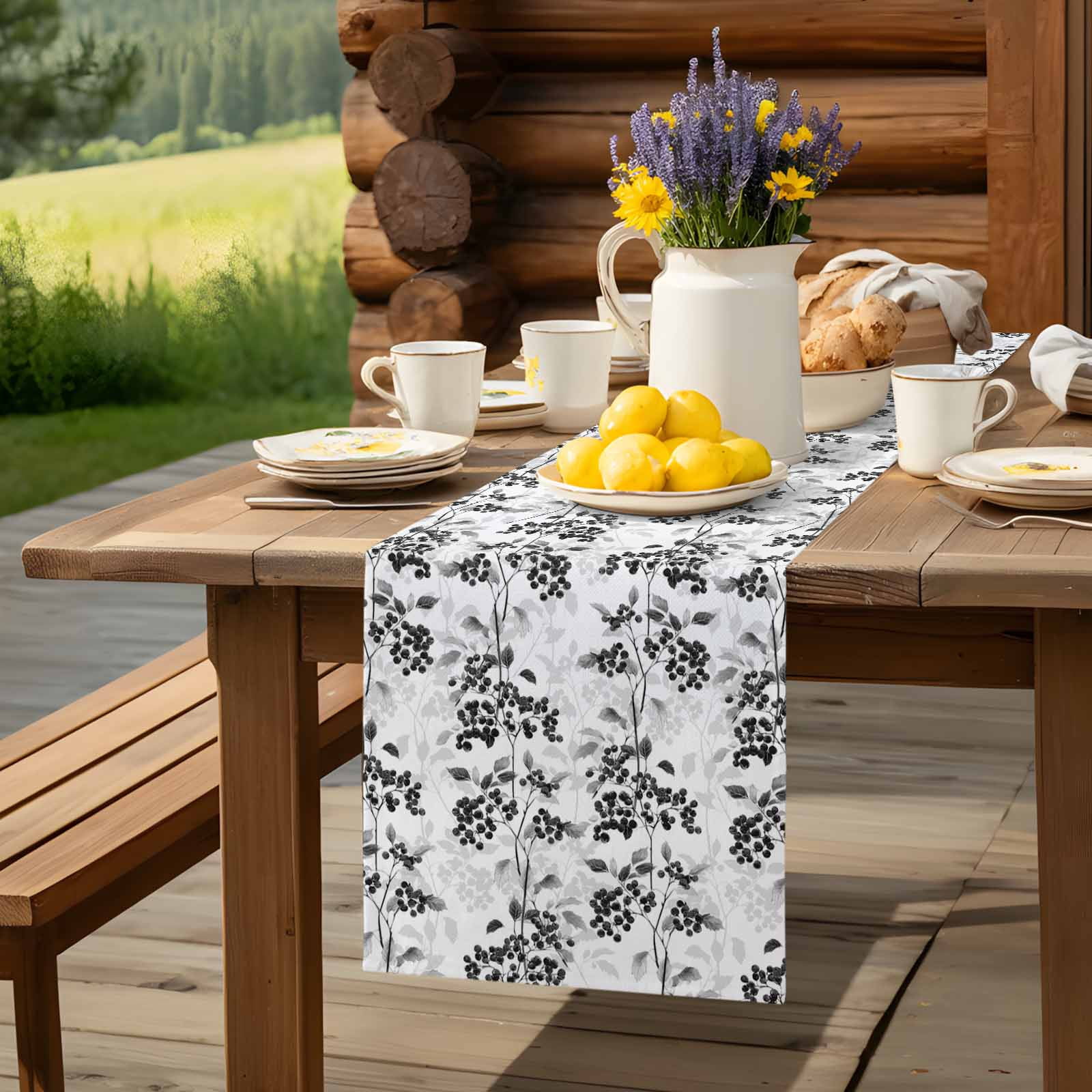 Black-gray Fruit Leaves on White Table Runner 90 Inches Long, Vintage Botanical Table Runners Tabletop Scarf Kitchen Dining Tables Decoration for Home Party Indoor Outdoor