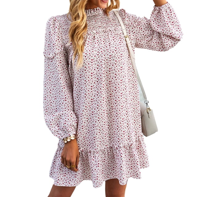 Vestido de mujer casual de moda patrón floral suelto escote redondo para citas trabajo hogar blanco S
