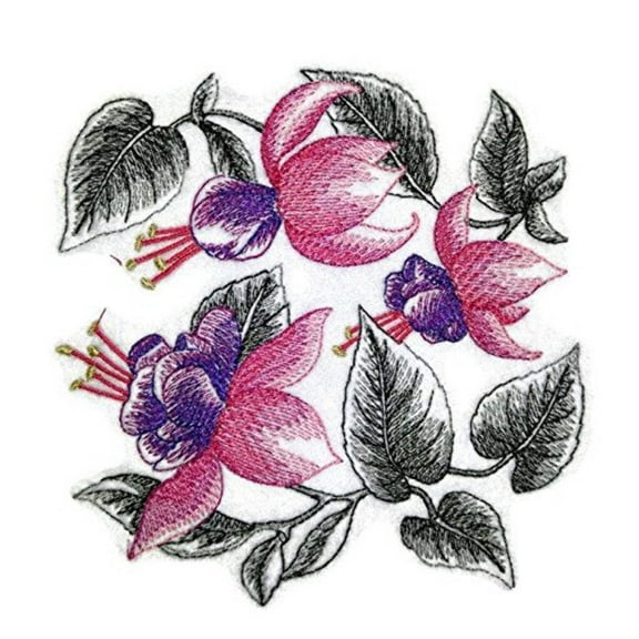 Sketched Fuchsia flowers Embroidered Iron on/Sew patch [4.86" X 4.86"]