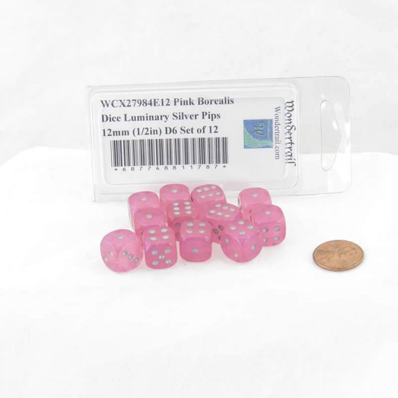 Pink Borealis Dice Luminary with Silver Pips 12mm (1/2in) D6 Set of 12 Wondertrail