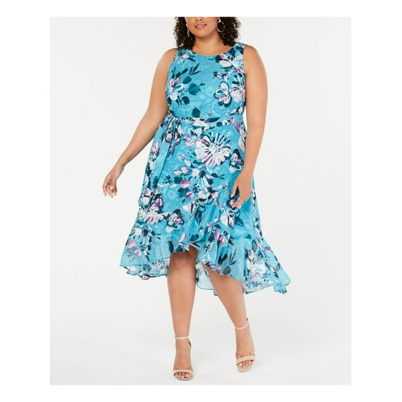 TAYLOR Womens Turquoise Tie Floral Jewel Neck Below The Knee Hi-Lo Dress Plus 18W