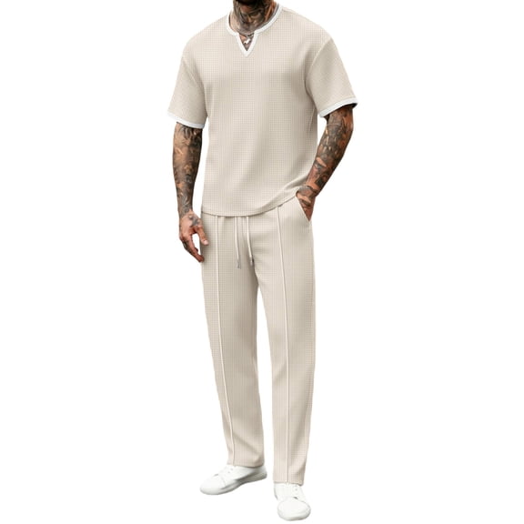 ZToonmas Men's Textured V-Neck 2 Piece Set Contrast Trim Short Sleeve T-Shirt with Drawstring Pants Casual Co-Ord Outfit