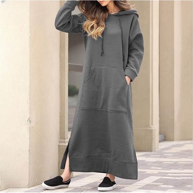 Vestido largo de punto suelto con capucha para mujer, vestidos casuales cálidos de felpa con bolsillo grande, Otoño e Invierno
