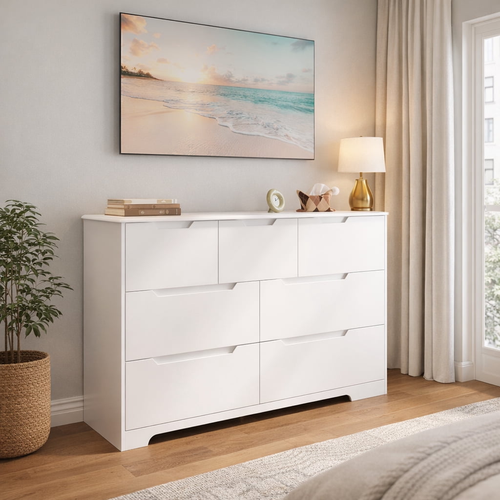 7-Drawer Dresser, 48" Handle-Free Modern Storage Chest - Engineered Wood Dresser for Bedroom, Living Room, Nursery & Entryway, White