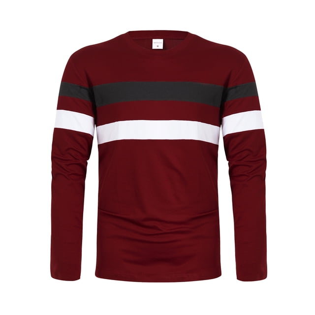 VBARHMQRT Football Chemises pour Hommes Automne et Hiver Col Rond Manches Longues Chemise de Base à Blocs de Couleur T-Shirt Manches Longues Rouge