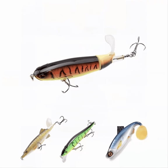 HKUKY Topwater Fishing Lure Rotating Tail 3D Eyes Sharp Treble Hooks Hard Plastic Body Pencil Popper Surface Splash Action for Fishing Freshwater Lakes Deep Green