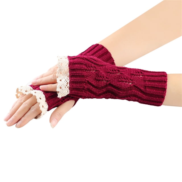 Gants Mitaines Rouges pour Femmes Hiver Dentelle Tricotée Acrylique Demi-Doigt
