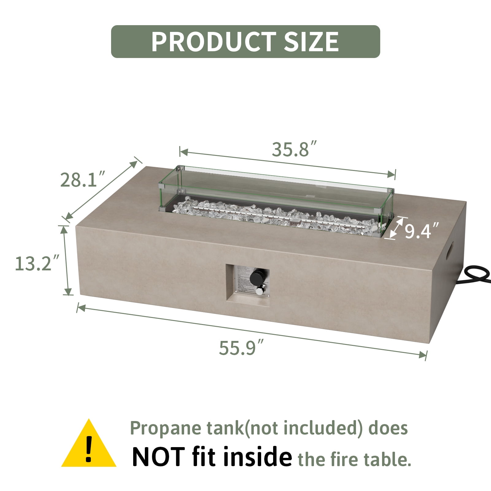 VENTOPYR Outdoor Rectangular Propane Fire Pit Table, Terrazzo Gray Concrete Finish, 50,000 BTU Stainless Steel Burner with Glass Wind Guard, Rain Cover