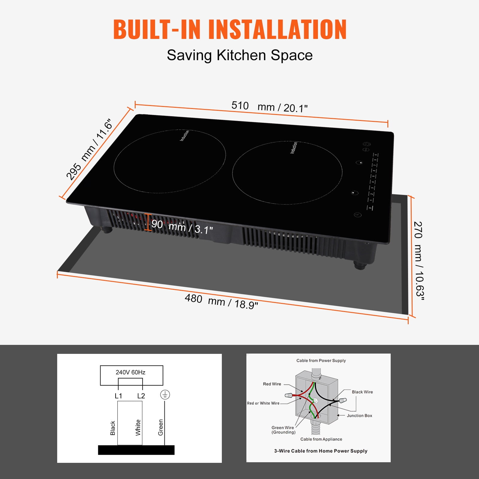 KFFKFF Induction Cooking Plate, Dual Burners, 12'' Magnetic Built-in Stove, 3000W Power, 9 Adjustable Heat Levels, LED Touch Display with Child Safety Lock & Overheat Protection