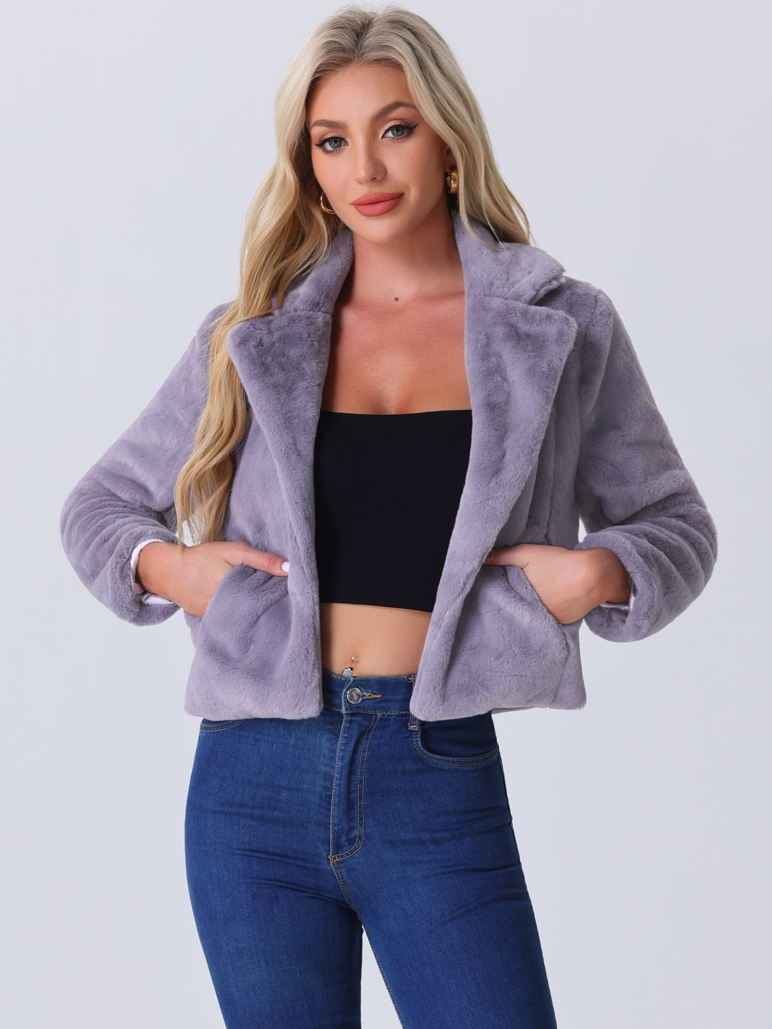DARING DIVA Women's Cropped Notch Lapel Faux Fur Fluffy Coat L Grey Purple