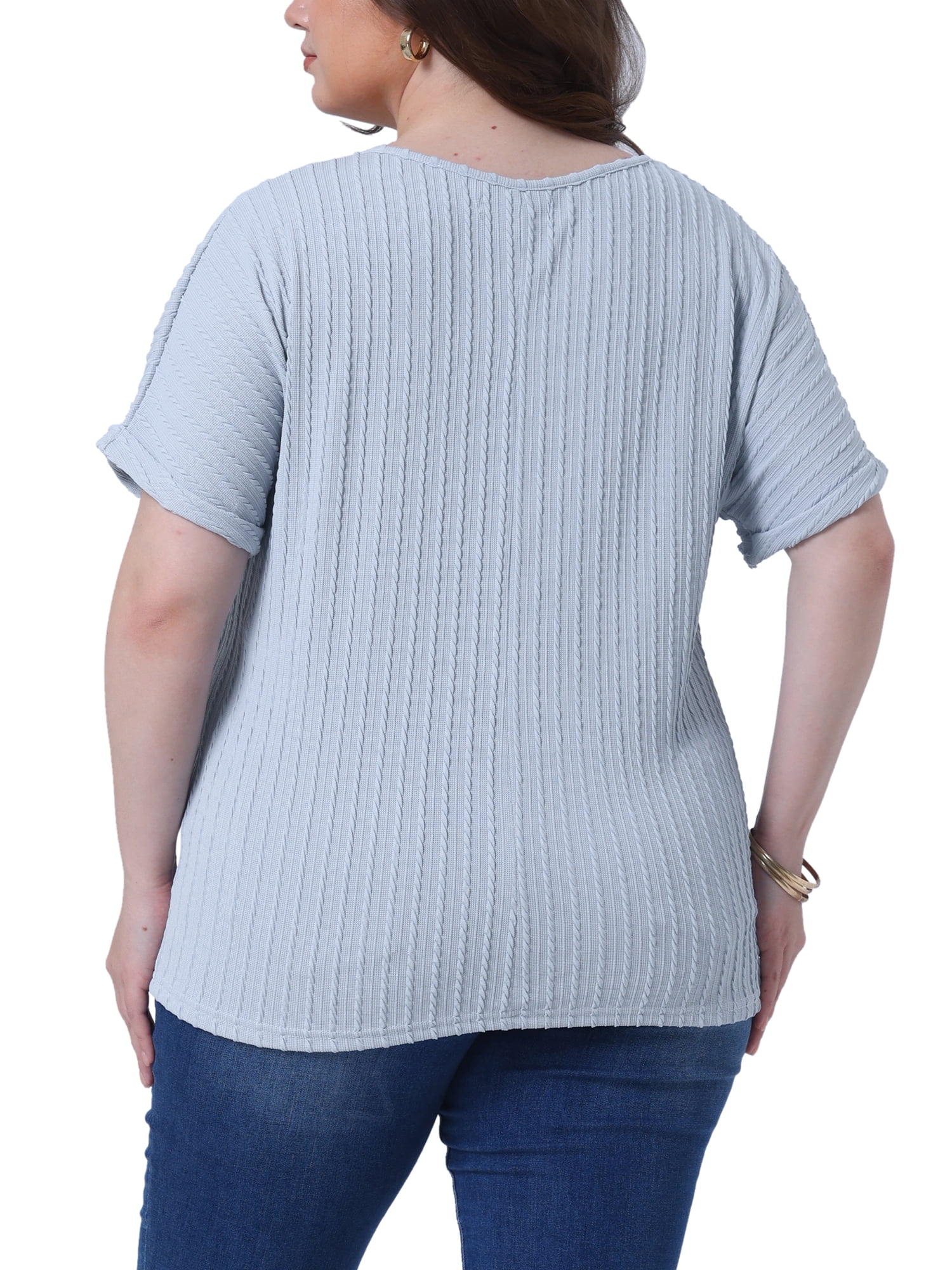 DARING DIVA Women's Plus Textured Rolled Sleeve Tee Crew Neck Blouses 3X Light Blue