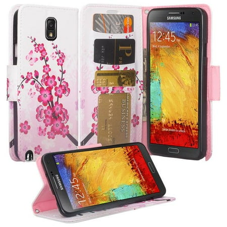 Cherry Blossom Note - Galaxy Note 3 Case, Samsung Galaxy Note 3 Luxury PU Wrist Strap Leather Wallet Flip Protective Case Cover with Card Slots and Stand for Note 3 - Cherry Blossom
