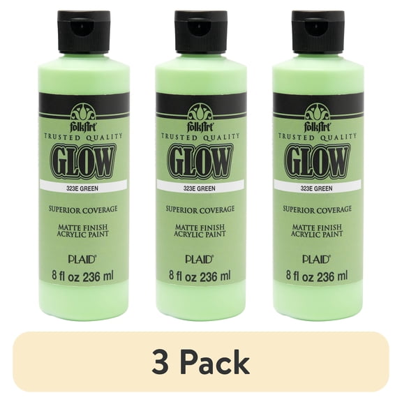 (3 pack) FolkArt Glow-in-the-Dark Acrylic Craft Paint, Matte Finish, Green, 8 fl oz