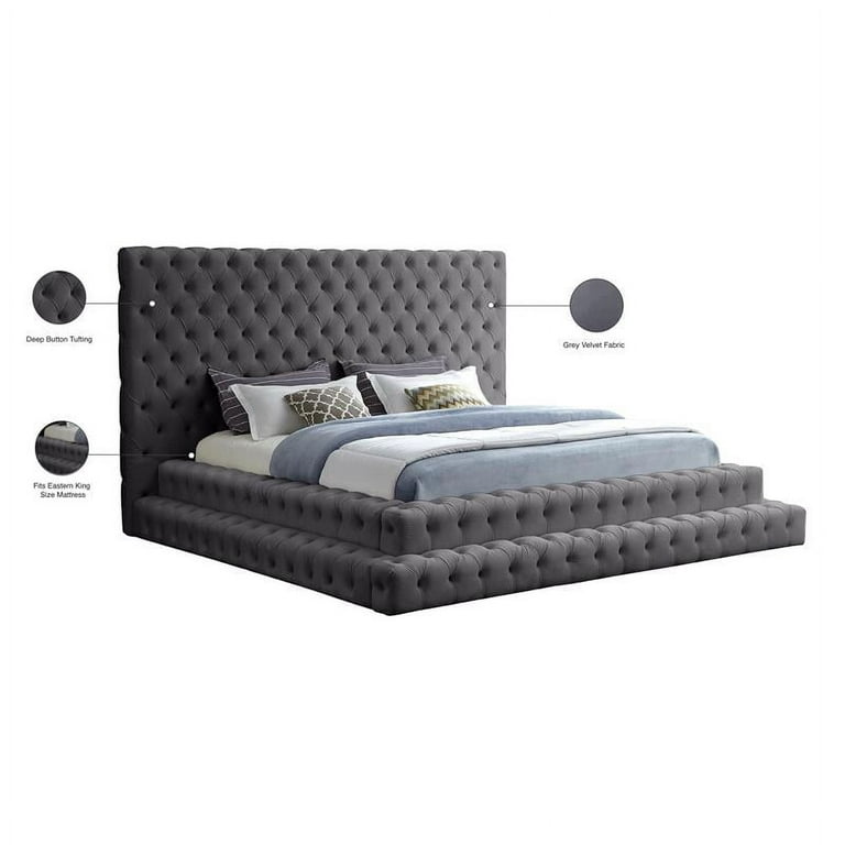 Meridian Furniture Revel King Size Glam Velvet Platform Bed Grey