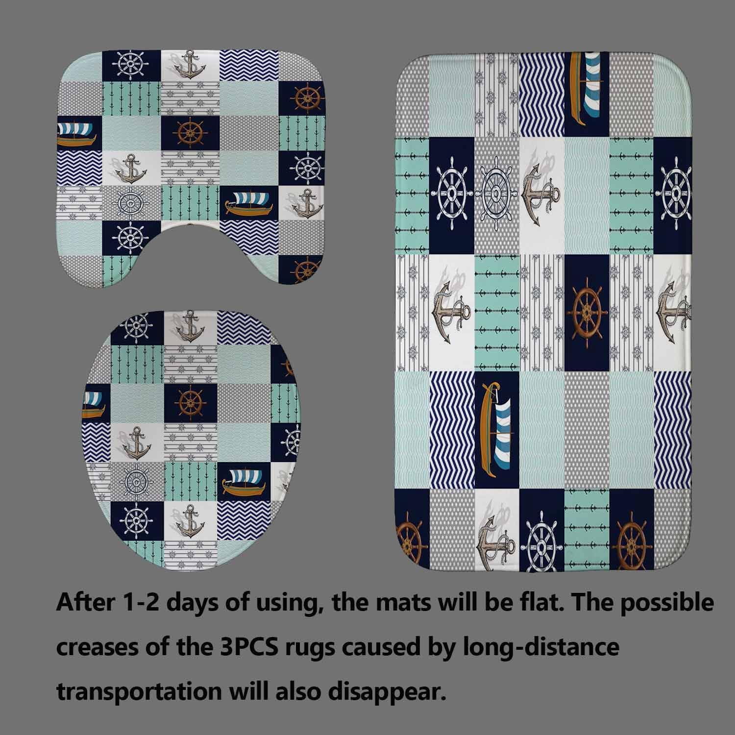 4PCS Red Anchor Shower Curtain Set, Waterproof Fabric Shower Curtain, Non-Slip Bath Mat Bathroom Rugs Navy Blue White Stripes Abstract Geometric Modern Navigation Ocean Nautical Bathroom Decor