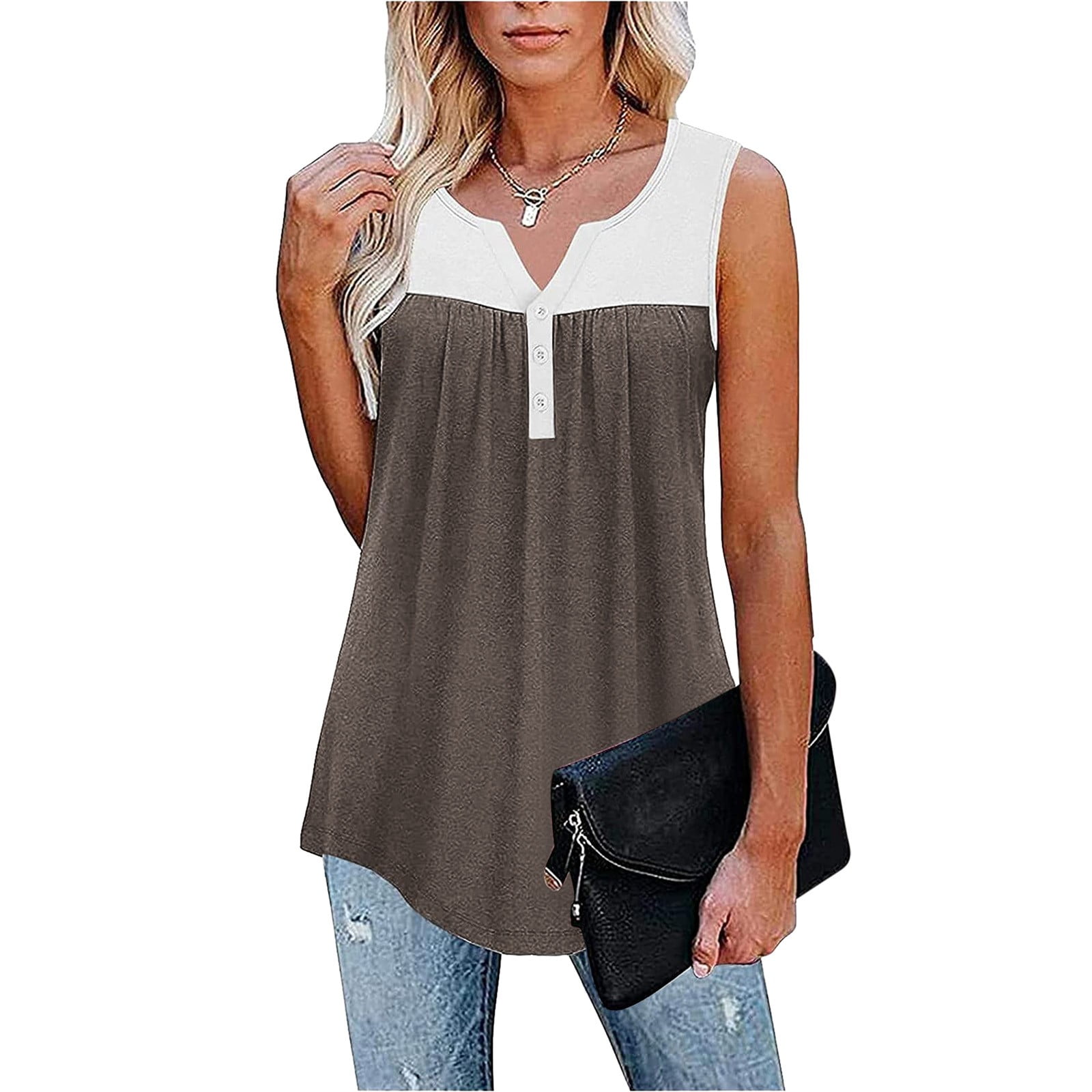 Womens Casual Solid V-neck Button Sleeveless Vest T-Shirt Loose Splice Tank  Tops Note Please Buy One Or Two Sizes Larger - Walmart.com