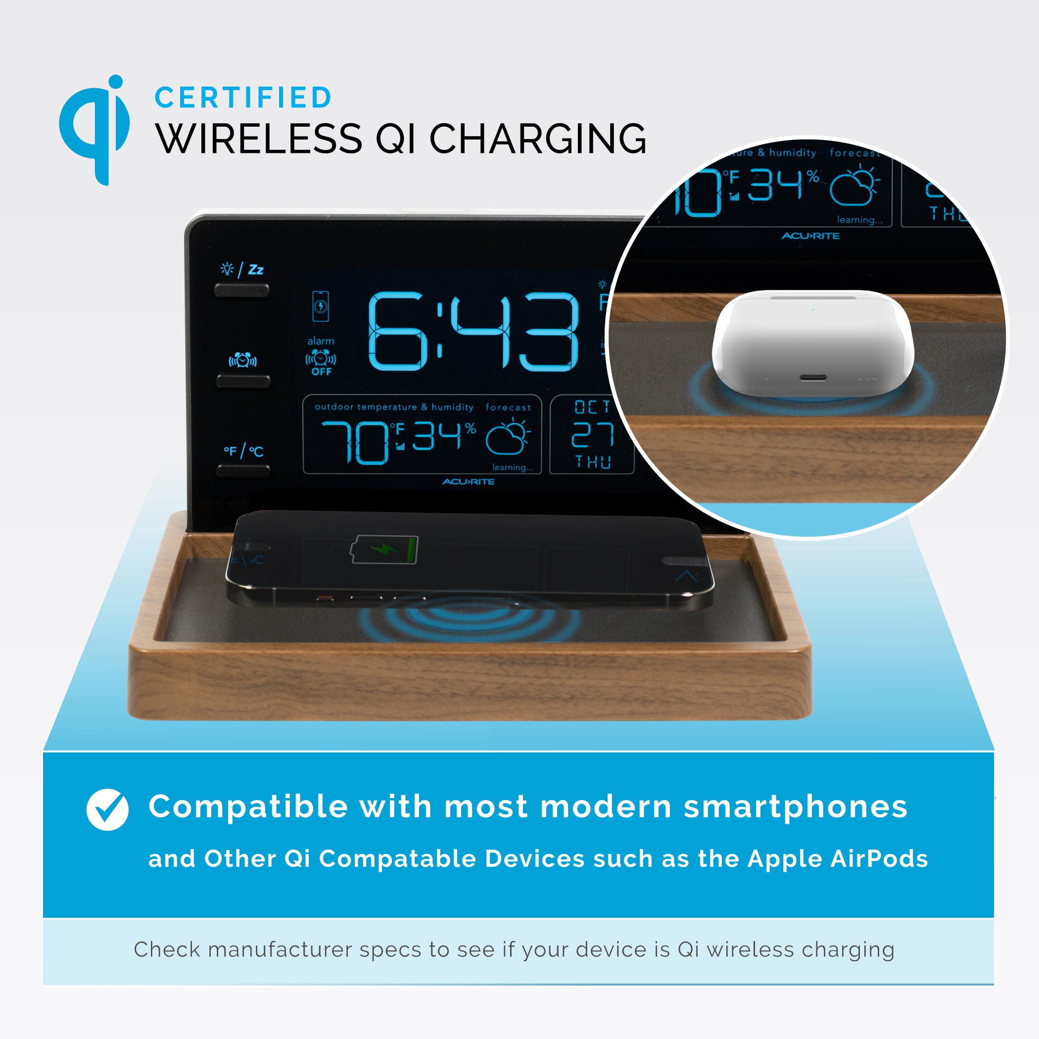 AcuRite Weather Valet Charging Pad Alarm Clock, Black with Walnut Finish