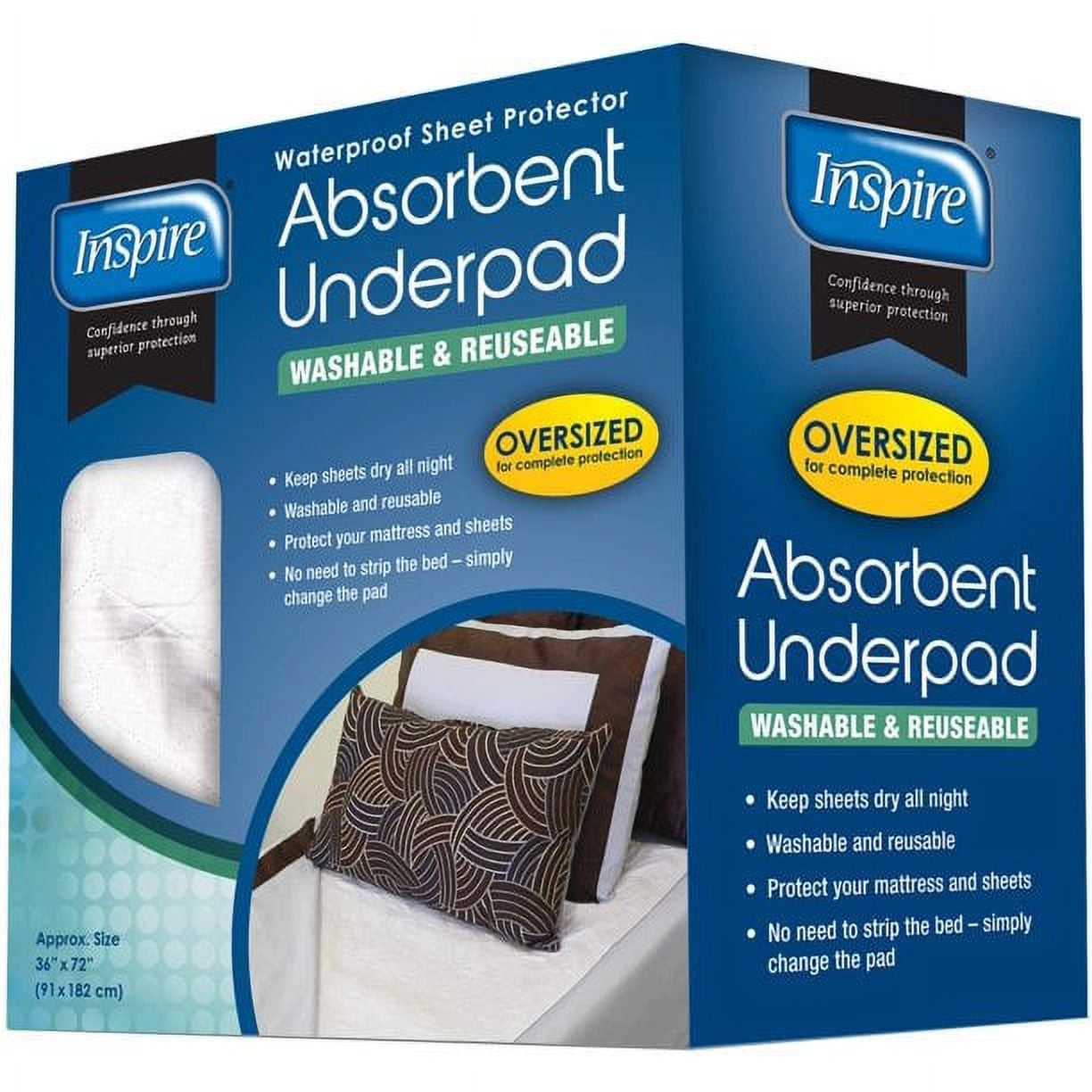Inspire Mattress Pad, Oversized 36"x 72" – Quilted, Bed Pad for Incontinence Washable, for Adults and Kids Reusable Underpad
