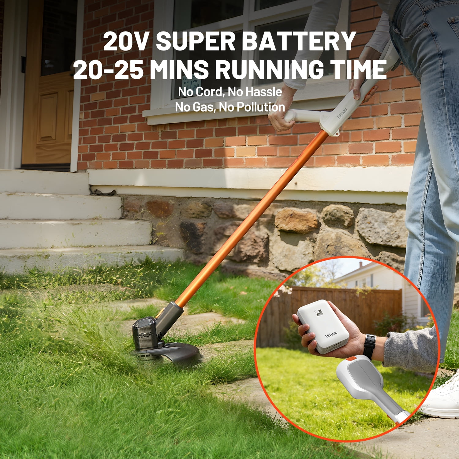 Litheli 20V 12" Cordless String Trimmer, Battery Powered Grass Trimmer & Wheeled Edger, with 2.0Ah Battery, for Garden, Yard and Farm