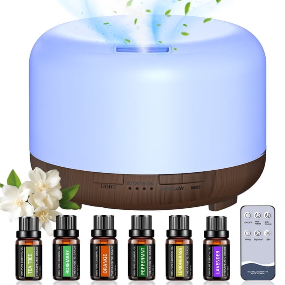 Fimilo 500ml Essential Oil Diffuser with 6*10ml Essential Oils Set, Black Woodgrain Aroma Air Humidifier with Remote Control for Bedroom Home Office, Waterless Auto Shut-Off