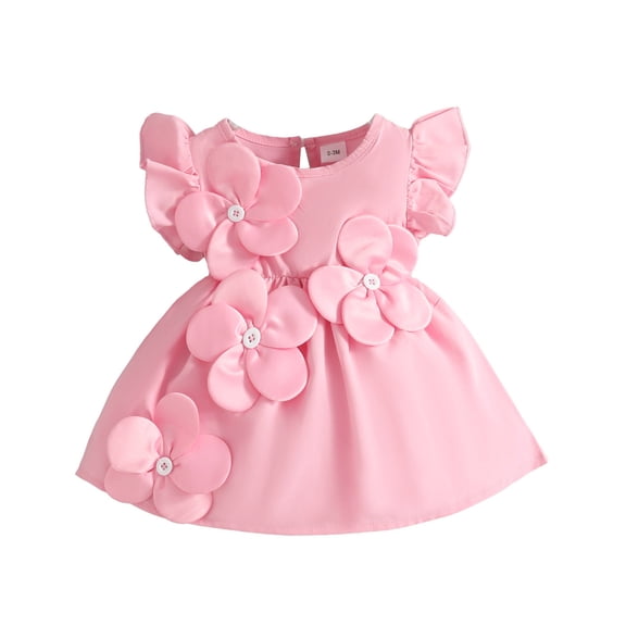 FINALGANG Girls Dress Toddler Solid Color Flutter Sleeve Crewneck Dress With 3D Floral Appliques Flared Party Dress For Casual Formal Daily Wear