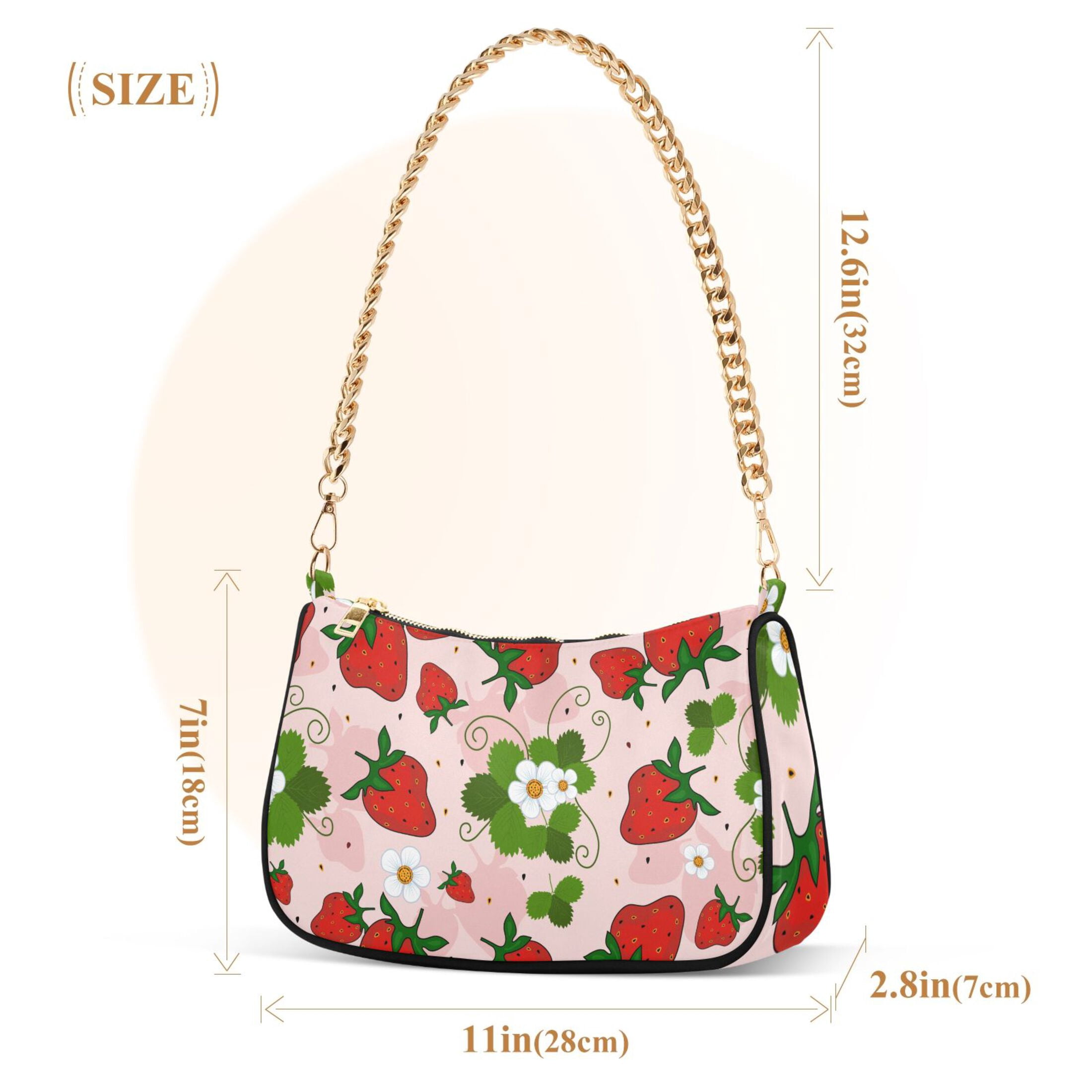 Strawberry and Flowers Womens Chain Shoulder Bag Tote Handbag Clutch Hobo Purse with Zipper for Travel Casual