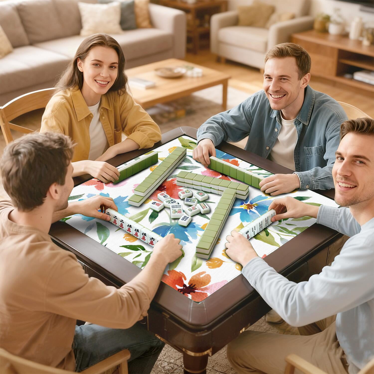 Decorative Floral Design Non-Slip Playing Surface, 31.5 Inch Square Rubber Mat for Mahjong Tables Reduces Tile Noise, Ideal for Cards and Board Games