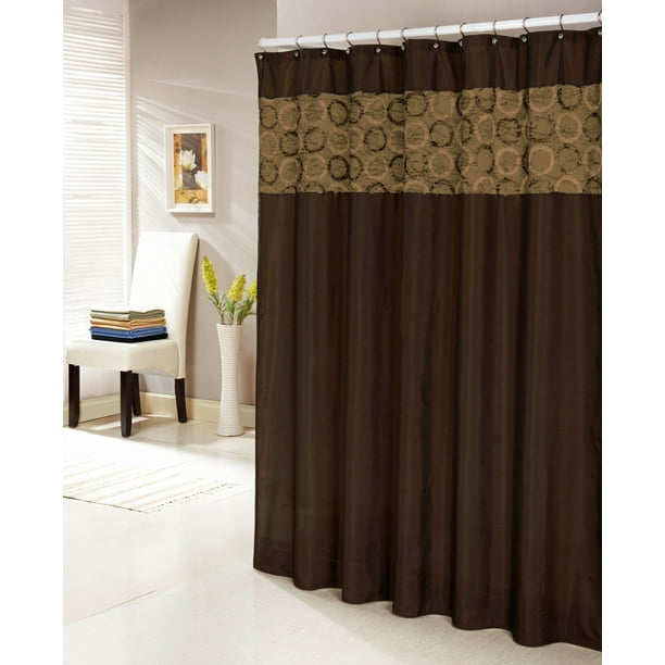 Chocolate Brown Faux Silk Shower Curtain with 14" Textured and Circle