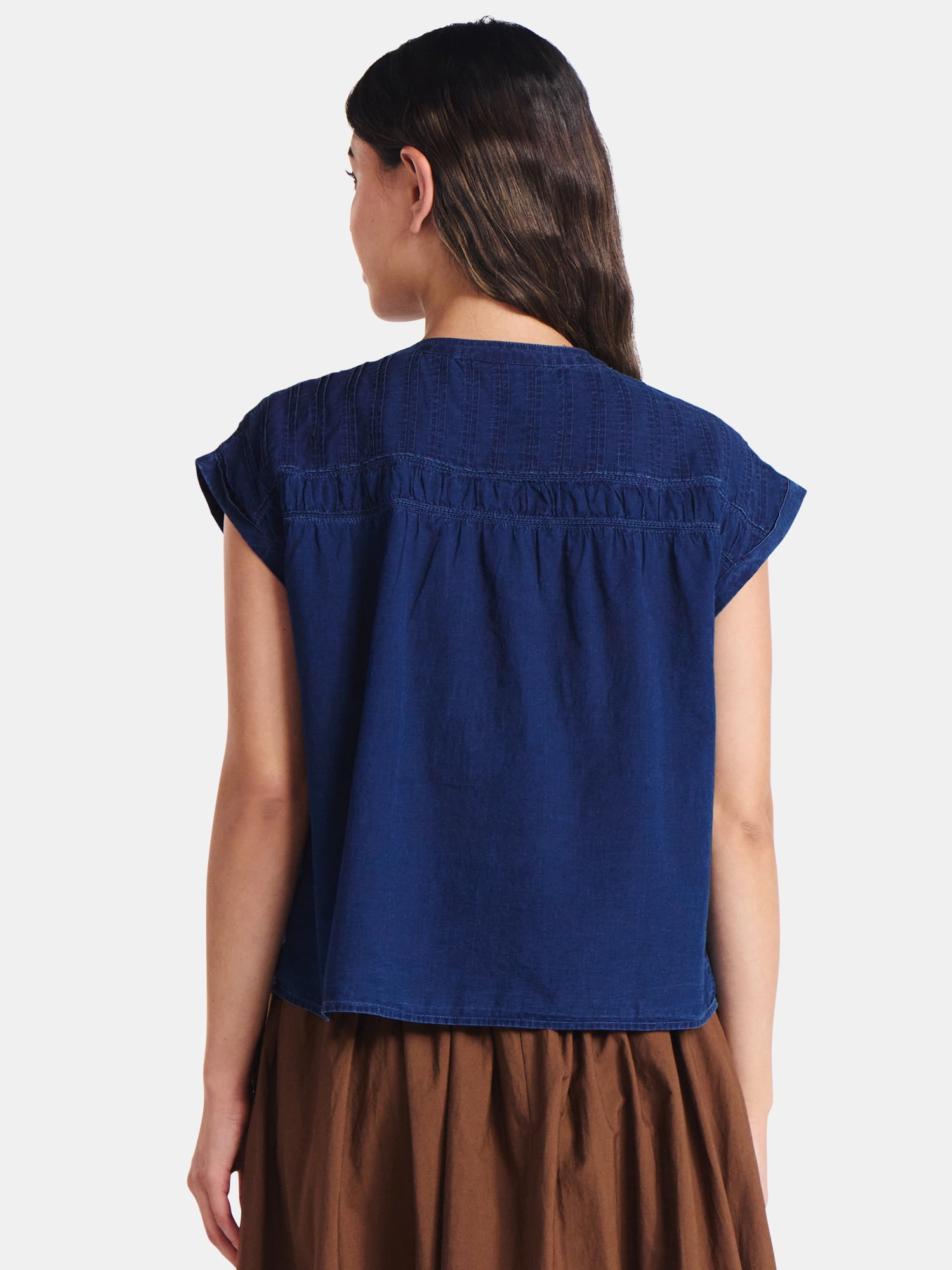Time and Tru Women's Pintuck Blouse with Short Sleeves, Sizes XS-XXXL