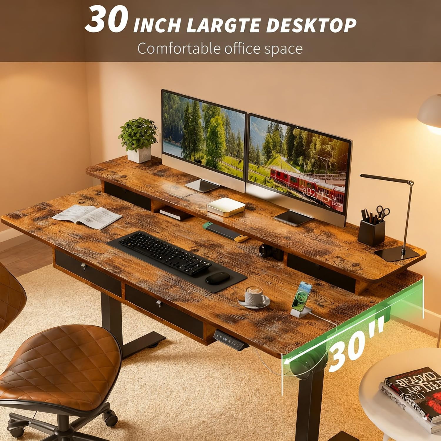 Standing Desk with Fast Charging USB Ports, 48" x 30" Width Worktop Desk, 4 Drawers Ergonomic Sit Stand Desk for Home Office Work, Cable Management, 3 Preset Heights & 2 Hooks(Rustic Brown)