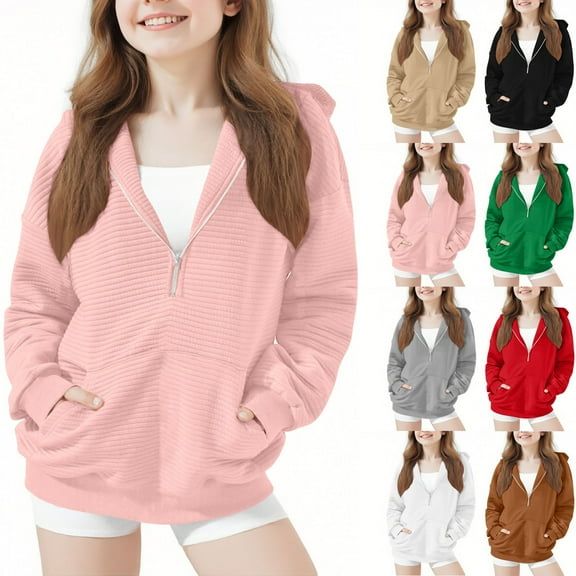 AINIYS Girls Half Zip Hoodies Pullover Solid Color Long Sleeve Casual Fall Winter Tops with Pockets Black 5 Years