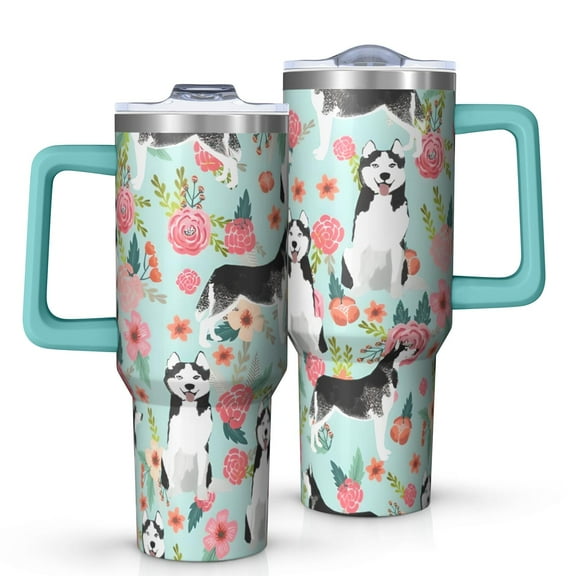OBREWU Husky and Flower Tumbler with Handle and Lid,Husky and Flower 40oz Double Wall Vacuum Insulated Tumbler,Cups Gift for Women and Men