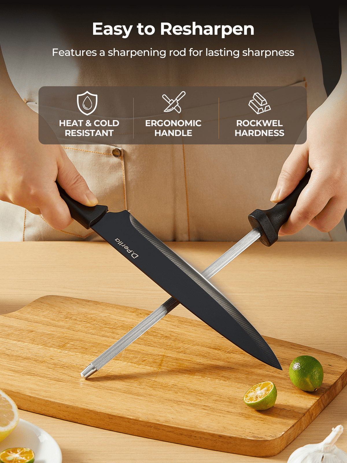 D.Perlla Kitchen Knife Set, 15 Pieces High Carbon Stainless Steel Knife Block Set with Anti-Rust & Non-stick Coating, Dishwasher Safe