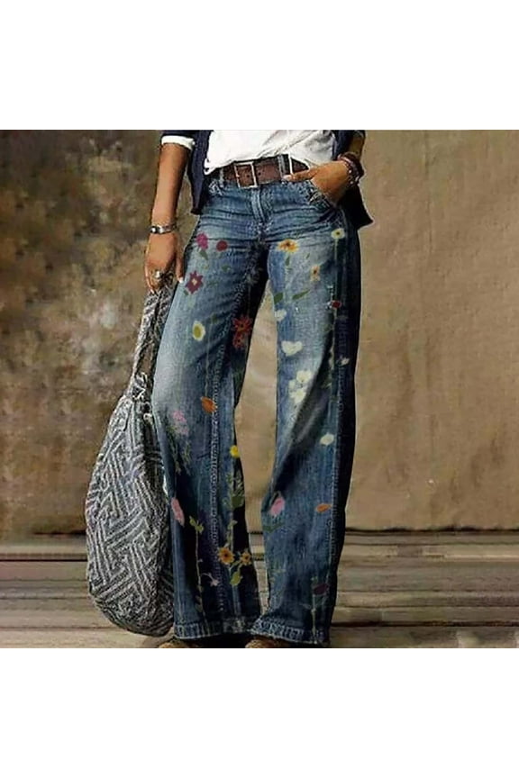 Women's Flare Wide Leg High Waisted Casual Vintage Floral Print Pants Casual Colorful Trouser, Blue, M