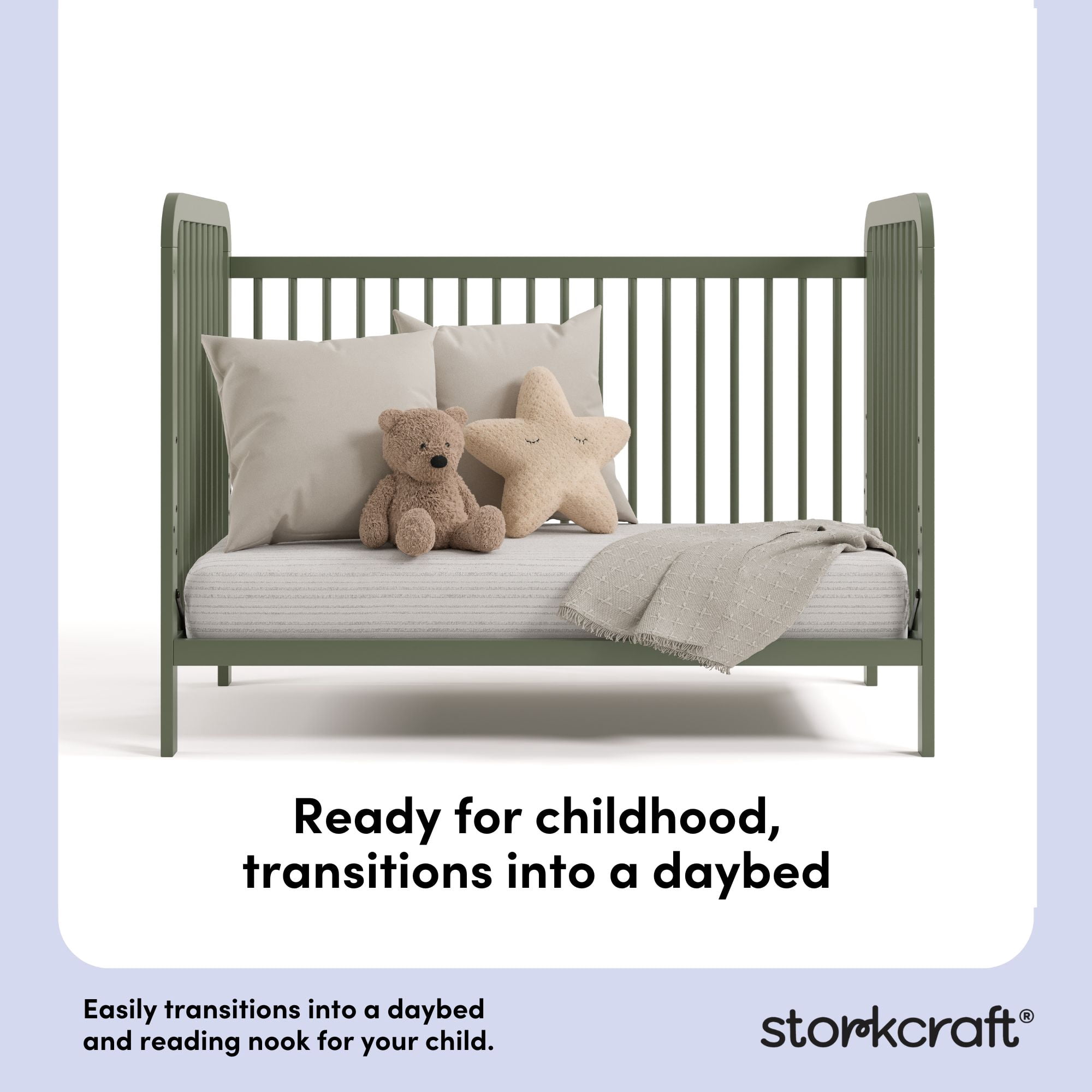 Storkcraft Pasadena 3-in-1 Convertible Crib – GREENGUARD Gold Certified, 100% Solid Wood, Fits Standard Crib Mattress, Converts to Toddler Bed and Daybed, 4 Mattress Heights   Olive