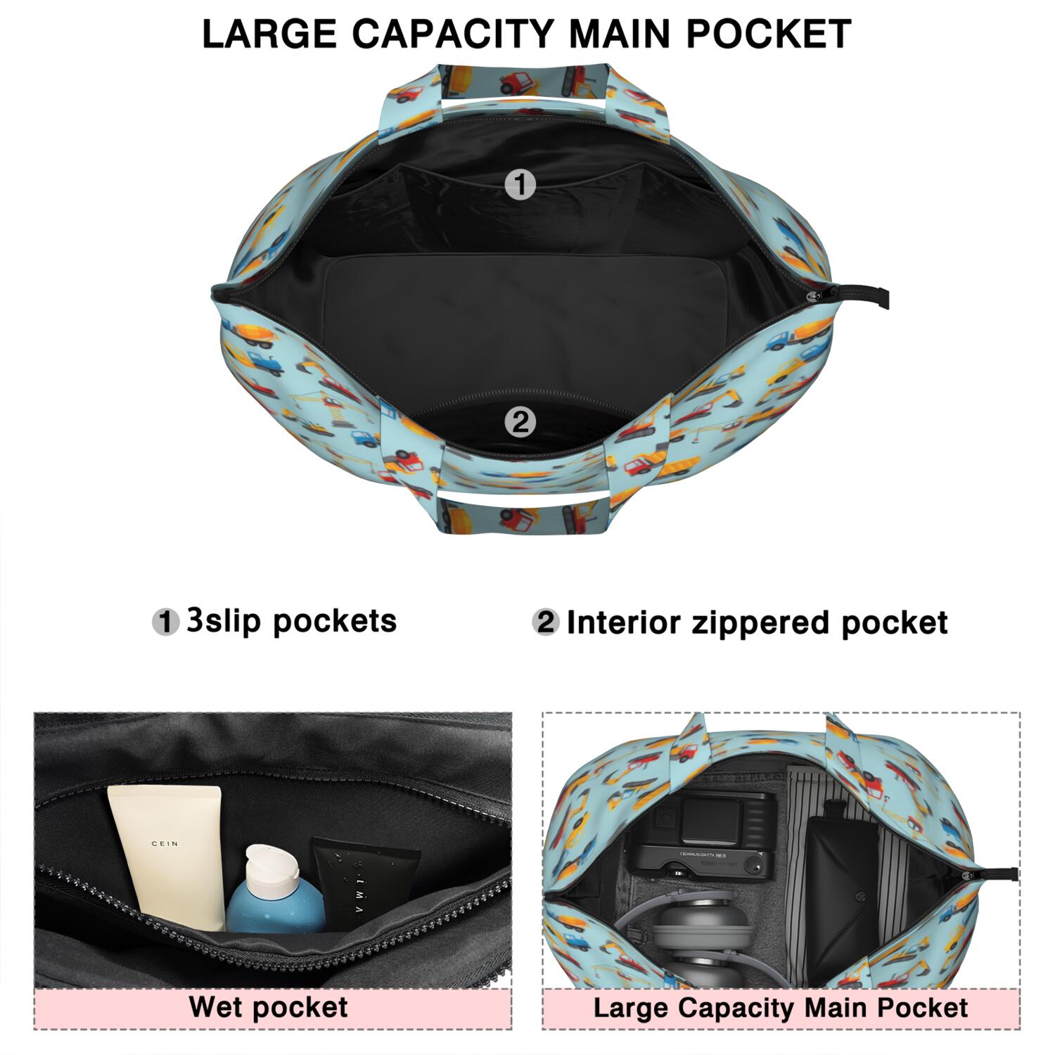Cartoon Construction Vehicles Cranes Light Blue Pattern Travel Tote Bags for Women Carry On,Large Weekender Bags for Women Travel,Multi Functional Duffle Bag for Work,Shopping,Sports