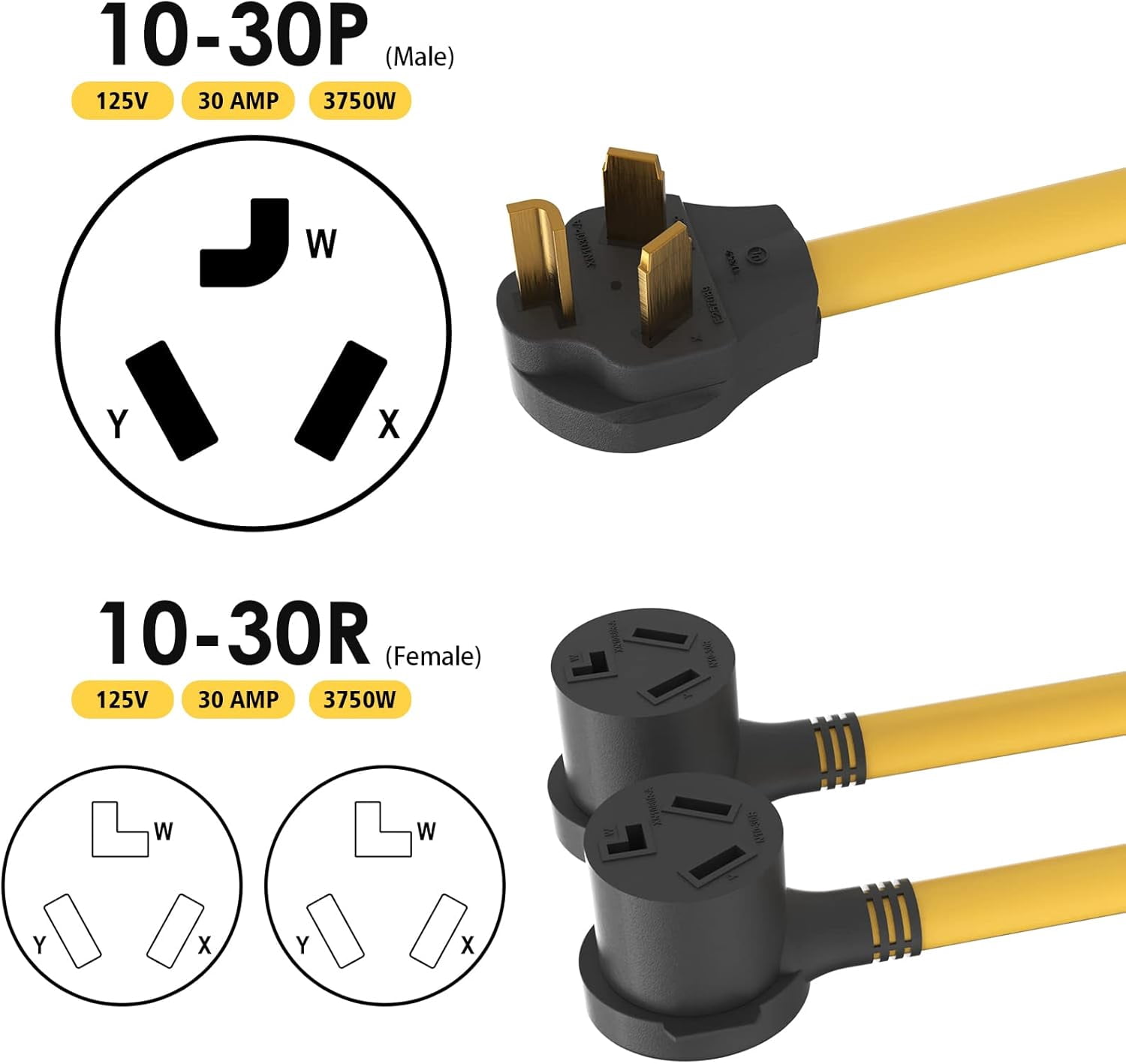 3 Prong Dryer Y Splitter, NEMA 10-30P to 2x 10-30R, Dryer Y Adapter Cord, 30Amp, 240V, Power Cable for EV, UL listed