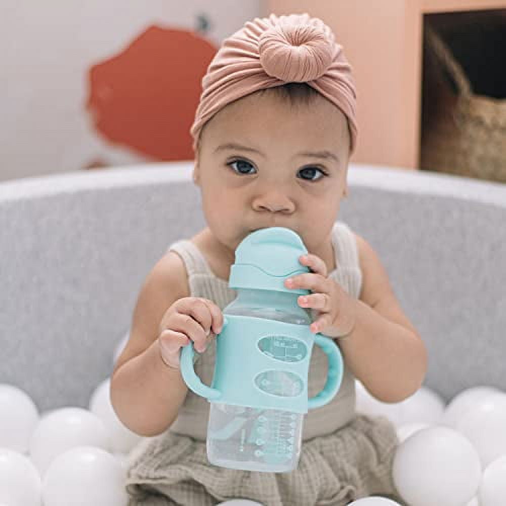 Dr. Brown's Milestones Wide-Neck Sippy Straw Bottle, 100% Silicone Handles, 9oz/270ml, 6m+, Green