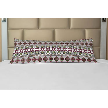 Retro Body Pillow Case Cover with Zipper, Illustration of Ukrainian Pattern Ornament Traditional Borders and Slovenian, Decorative Accent Long Pillowcase, Multicolor, by Ambesonne
