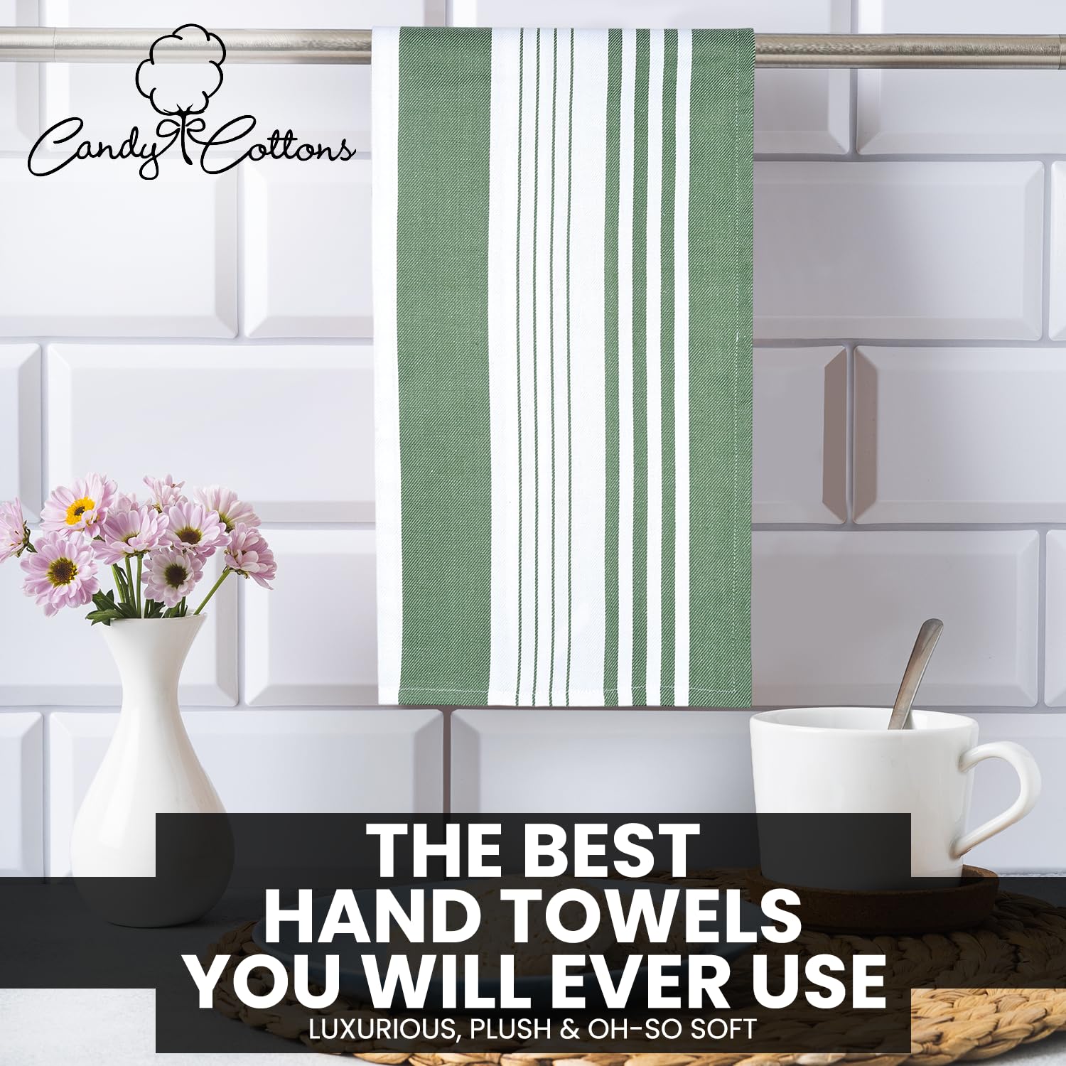 Candy Cottons Stripe Kitchen Towels Decor Mordern Design Centreband Tea Dish Towels Boho Stripe Absorbent Festive Gift Set of 6 Pantry Reusable Kitchen Dish Towel|Easter Spring Decor 18x28 In Green