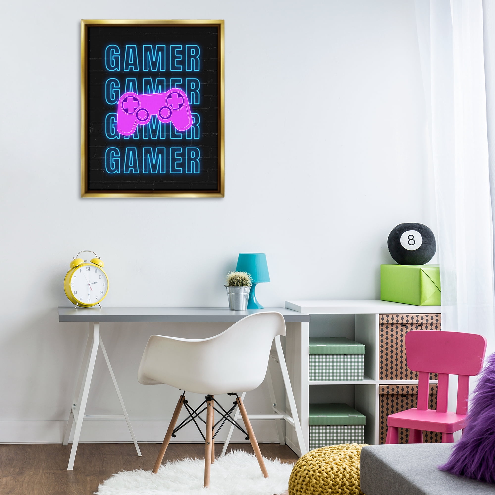 Stupell Industries Neon Gamer Words Typography Painting Gold Floater Framed Art Print Wall Art, 25 x 31