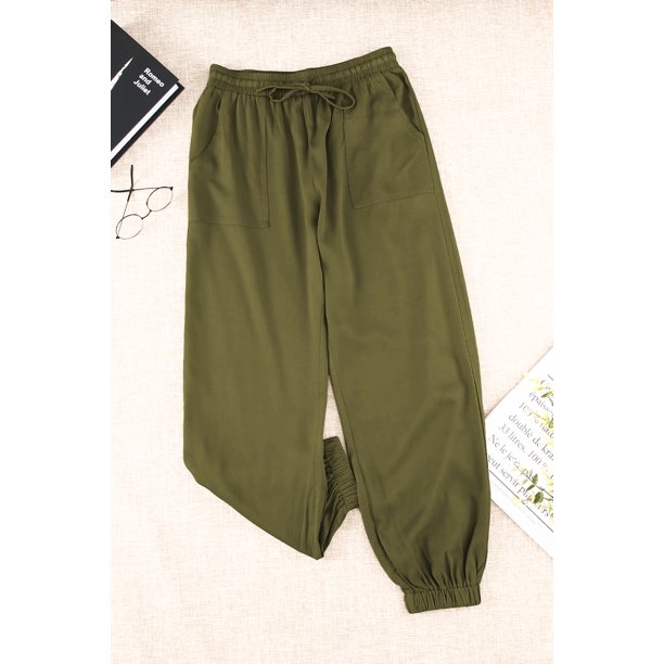ABPHQTO Pantalones casuales sin cordones con cintura elástica y cordón verde para mujer con bolsillos