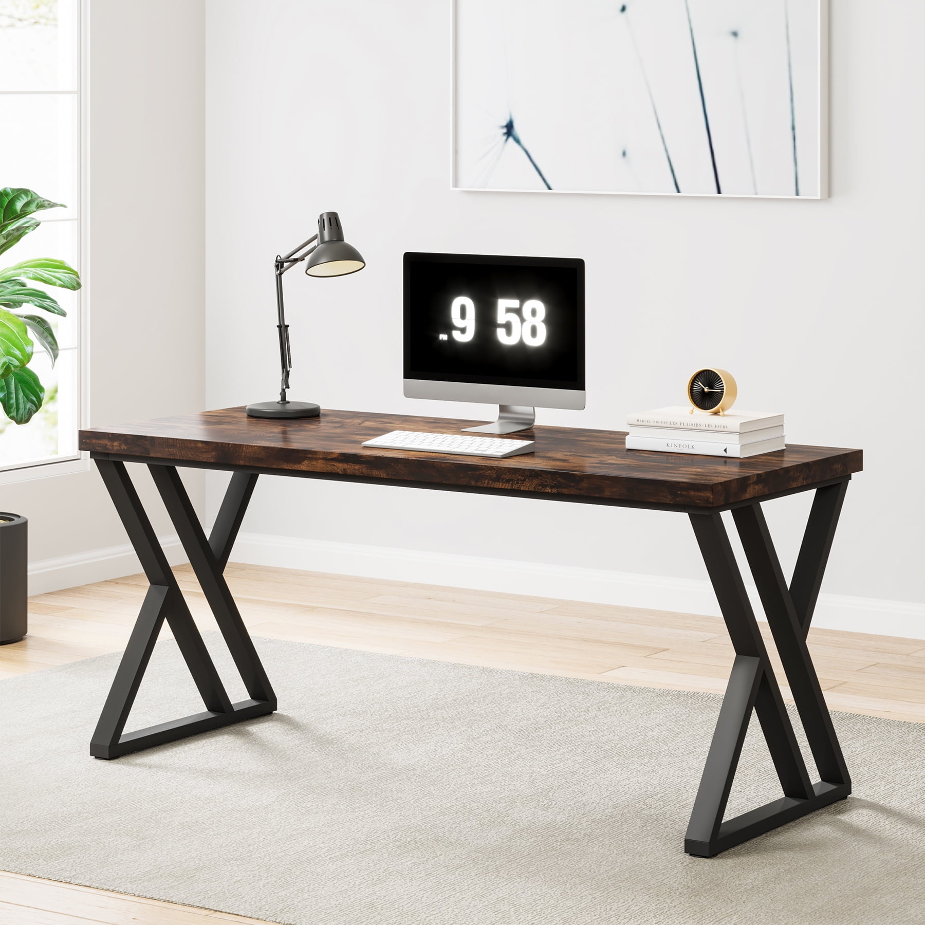 Heavy Duty Study Desk with Z-Shaped Metal Leg, Modern Simple Home Office Computer Desk, Rustic Brown