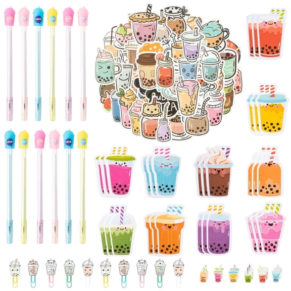 MALLMALL6 Bubble Tea Themed Stationery Set Sticky Notes Erasers Pens Bookmarks Stickers for Classroom Prizes Teacher Gifts